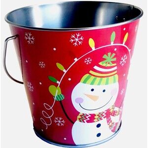 Snowman Metal Tin Pail Red Christmas 4 in Brother Sister Design Candy Card Decor